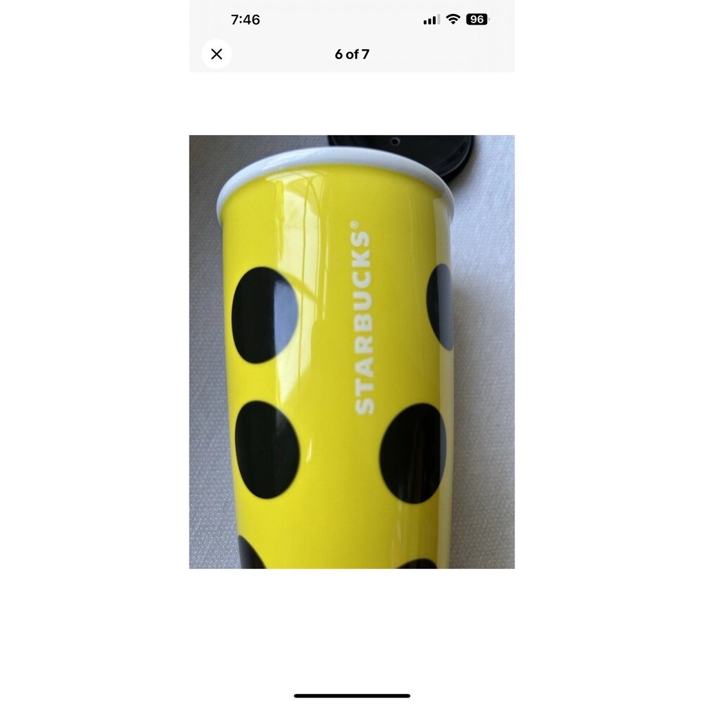 Starbucks 2015 Citron Yellow Polka Dot Ceramic Tumbler Travel Coffee Mug 12 oz - Picture 6 of 7